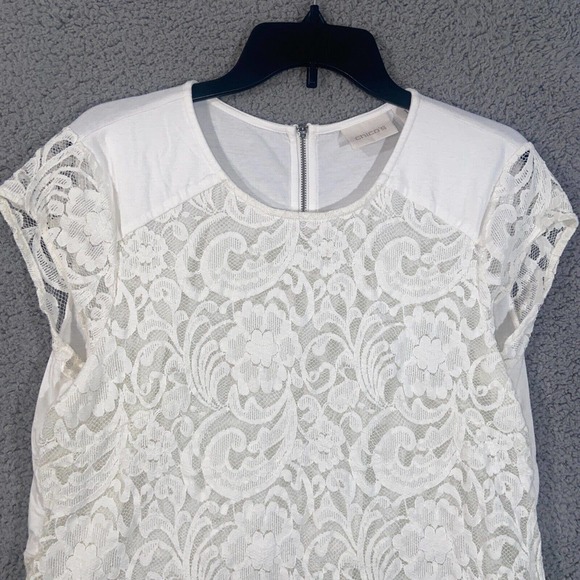 Chico's Top Womens 1 White Floral Lace Slit Back Cap Sleeves Zip Back Casual - Picture 11 of 12
